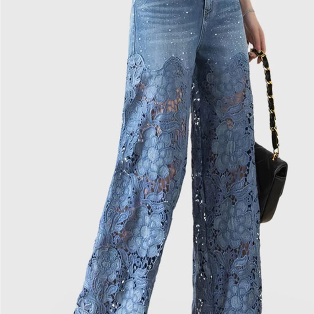 Lace Cut Out Patchwork Wide Leg Jeans